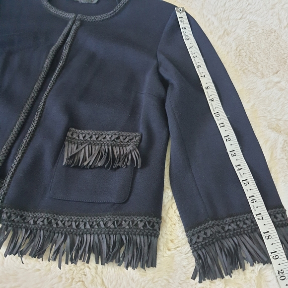 St. John Fringe Trim Jacket Womens Navy Blue Wool Rayon Blend M/L 3/4 Sleeve - Picture 9 of 10